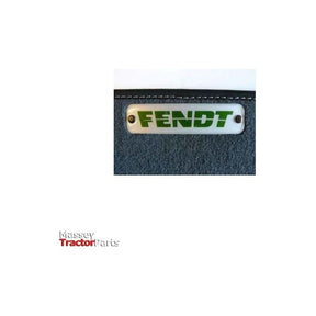 Close-up of a label reading "Fendt" on a dark fabric, hinting at Fendt Models. The logo for "AGCO" is visible in the bottom left corner, associated with the product Fendt - Floor Mat - Edged Carpet Material - X991450402000.