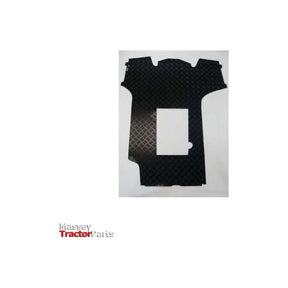 A black, diamond-patterned rubber mat from AGCO, product Valtra - Floor Mat - Rubber Material - ACP0049770 - ACP0610170, featuring a rectangular cutout in the center and labeled "Massey Tractor Parts" in the bottom left corner, designed to fit perfectly within the cabin of A3 Series tractors.