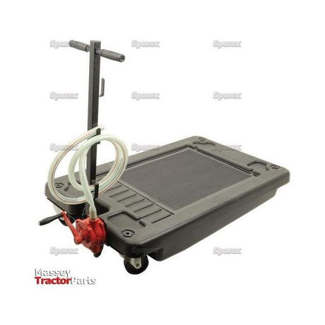 A black Fluid Drain Pan - S.24706 with wheels, a red hand pump, and a flexible hose discharge, designed for collecting and transporting used oil. The tool is branded "Sparex.
