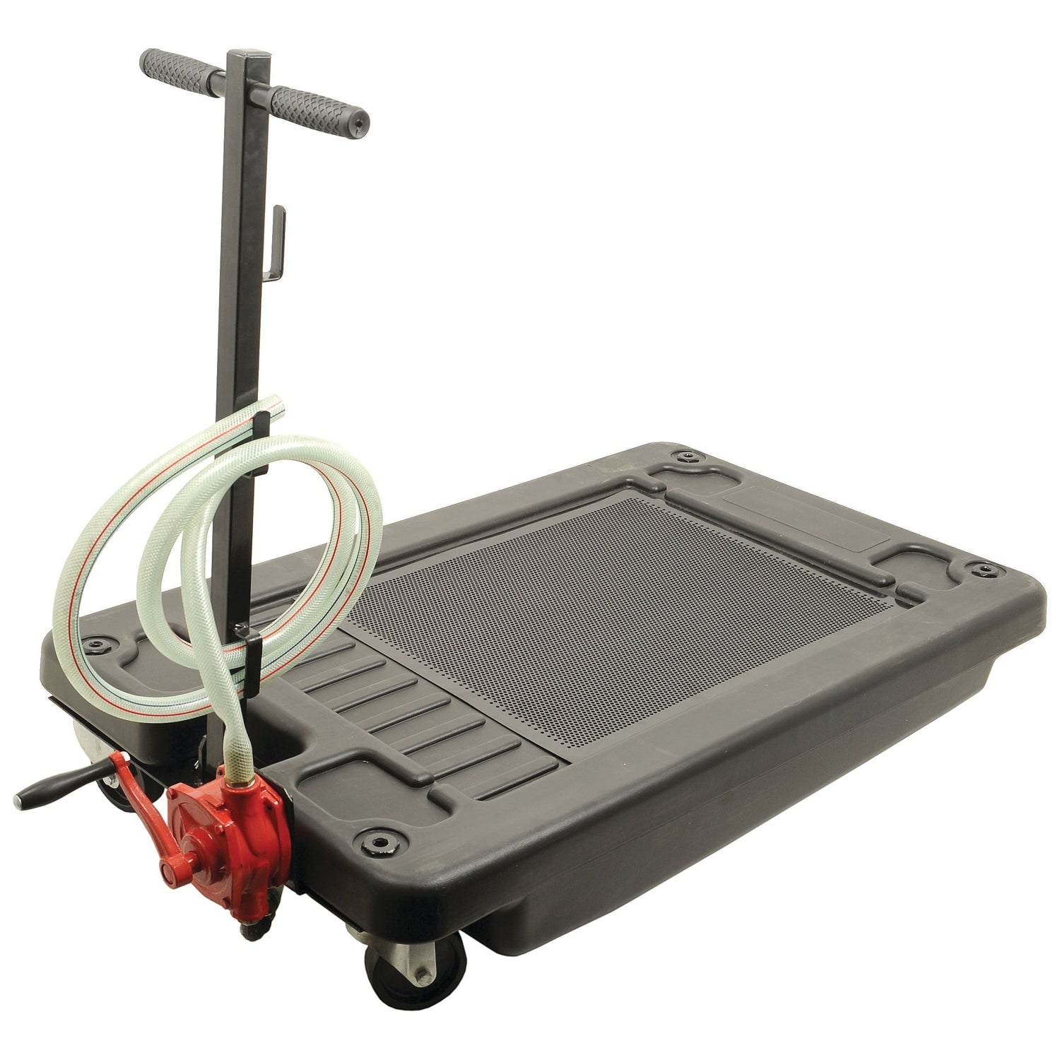 The Fluid Drain Pan - S.24706 by Sparex is a black oil drain pan with a T-handle, mesh filter surface, and an attached white hose for efficient oil drainage, specifically designed for collecting and transporting used oil.