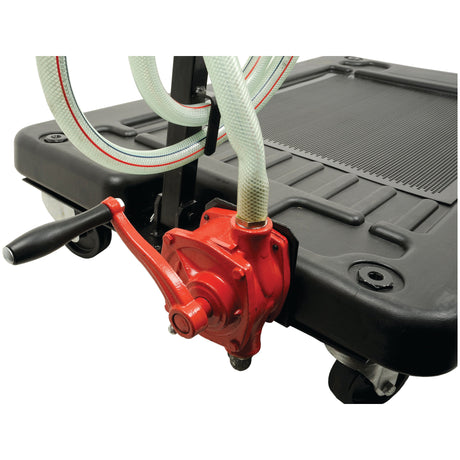 Introducing the Sparex Fluid Drain Pan - S.24706, a portable oil drainer equipped with a hand-operated manual rotary pump in red and a flexible hose discharge, all mounted on a black wheeled base for easy mobility.