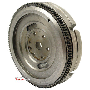 Close-up view of a metallic 12" Flywheel Assembly with visible gear teeth and bolt holes. The image has a "Sparex" logo in the bottom left corner, showcasing its connection to Sparex Part No. S.43714, suitable for Massey Ferguson parts.