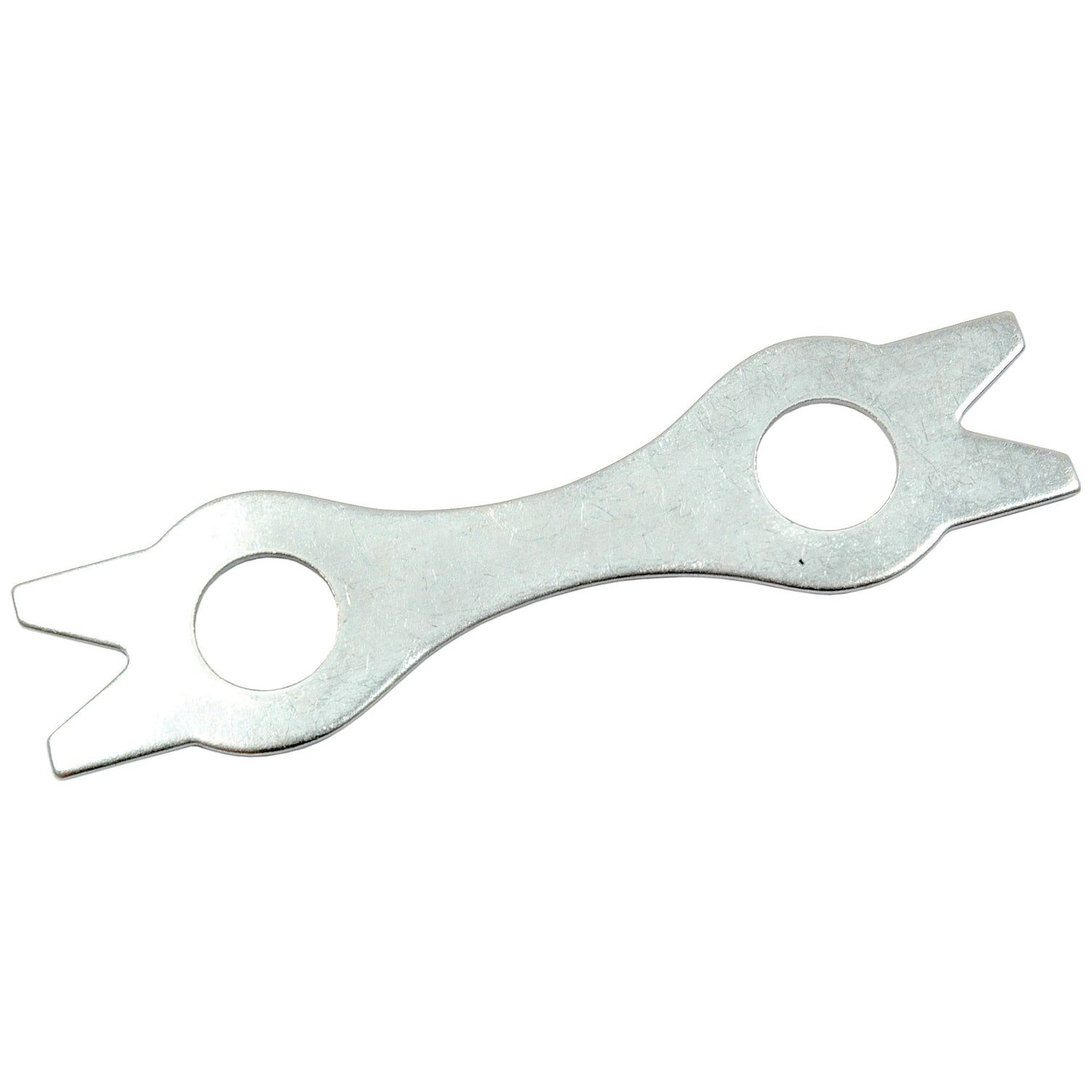 The Flywheel Lock Tab, Sparex Part No. S.40347 by Sparex, is a metal spanner with two holes and pointed ends, specifically designed for tightening or loosening fasteners on Ford New Holland equipment.
