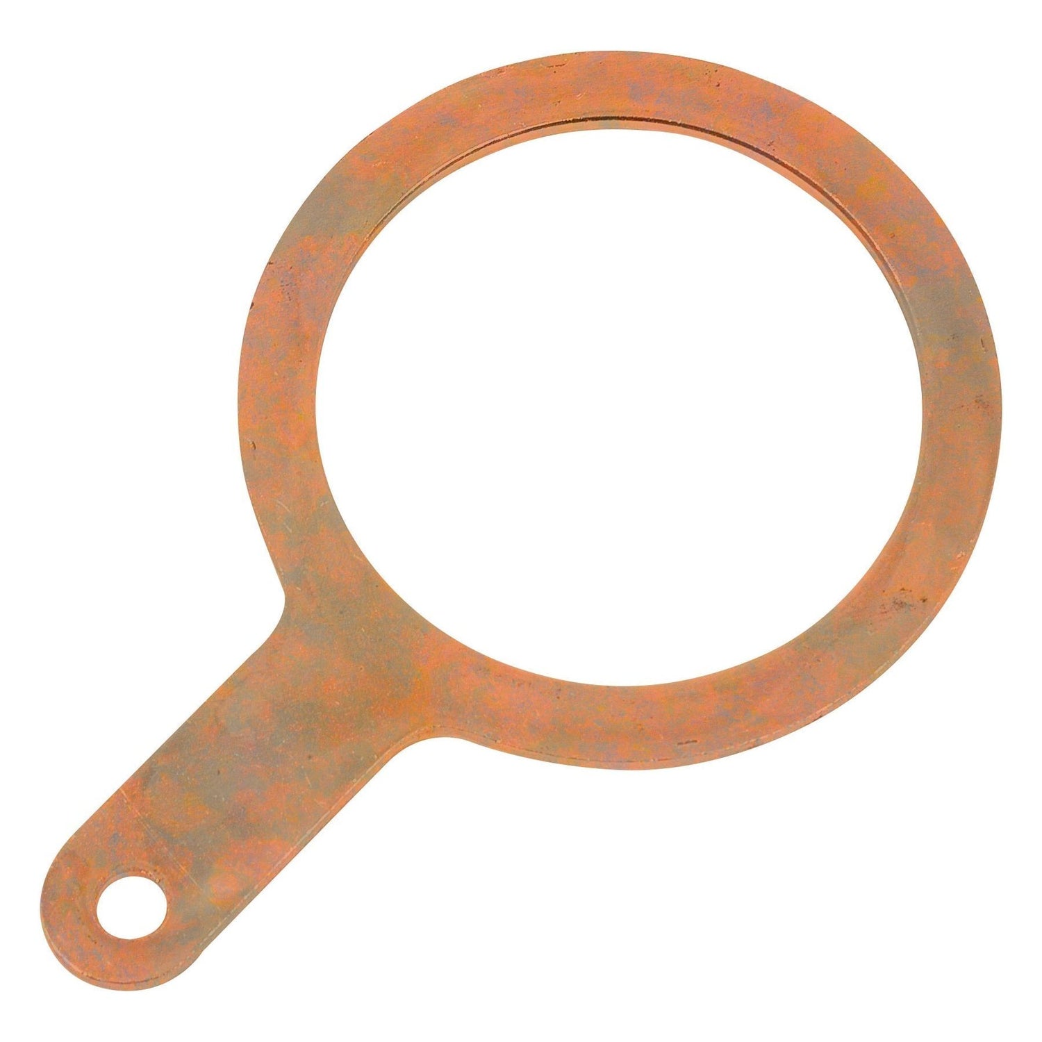 A rusted metal hand magnifying glass frame with a round lens area and a handle reminiscent of the Sparex Follower (Sparex Part No.S.41859), featuring a small hole near its end.