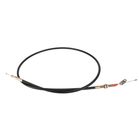 The AGCO Massey Ferguson - Foot Throttle Cable - 3614583M91 is an adjustable cable with a black outer casing, metallic connectors on both ends, and a metal bracket, designed specifically for Massey Ferguson 300 Series tractors.