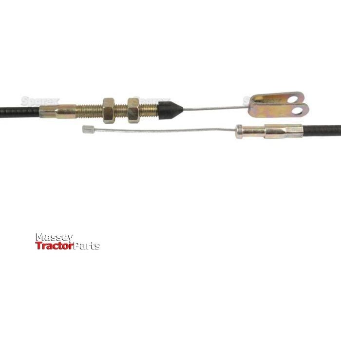 Close-up of a mechanical cable assembly with connectors and adjusting hardware on both ends. The background is plain, and there's a partially visible logo reading "Massey Tractor Parts." This Foot Throttle Cable, with an overall length of 1073mm and an outer cable length of 931mm, is compatible with Massey Ferguson components. It is identified as Sparex Part No.S.41845 from the brand Sparex.