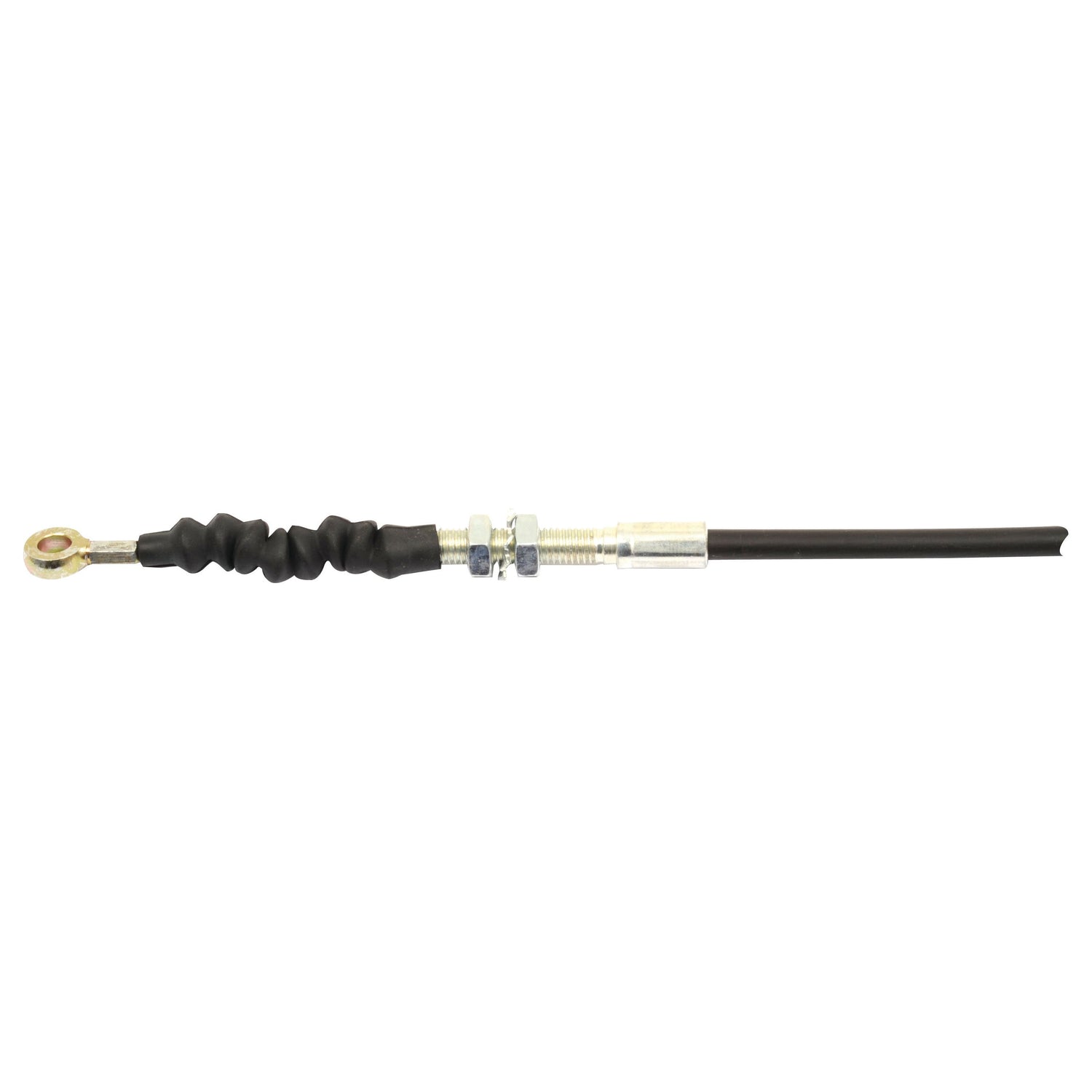 The Sparex Foot Throttle Cable (Part No. S.42474) features a black, 1098mm control cable with a 937mm outer length, complete with an adjustable rod end and threaded components. This high-quality cable is specifically designed for vehicle control systems and is ideal for use as a foot throttle cable in Massey Ferguson vehicles.