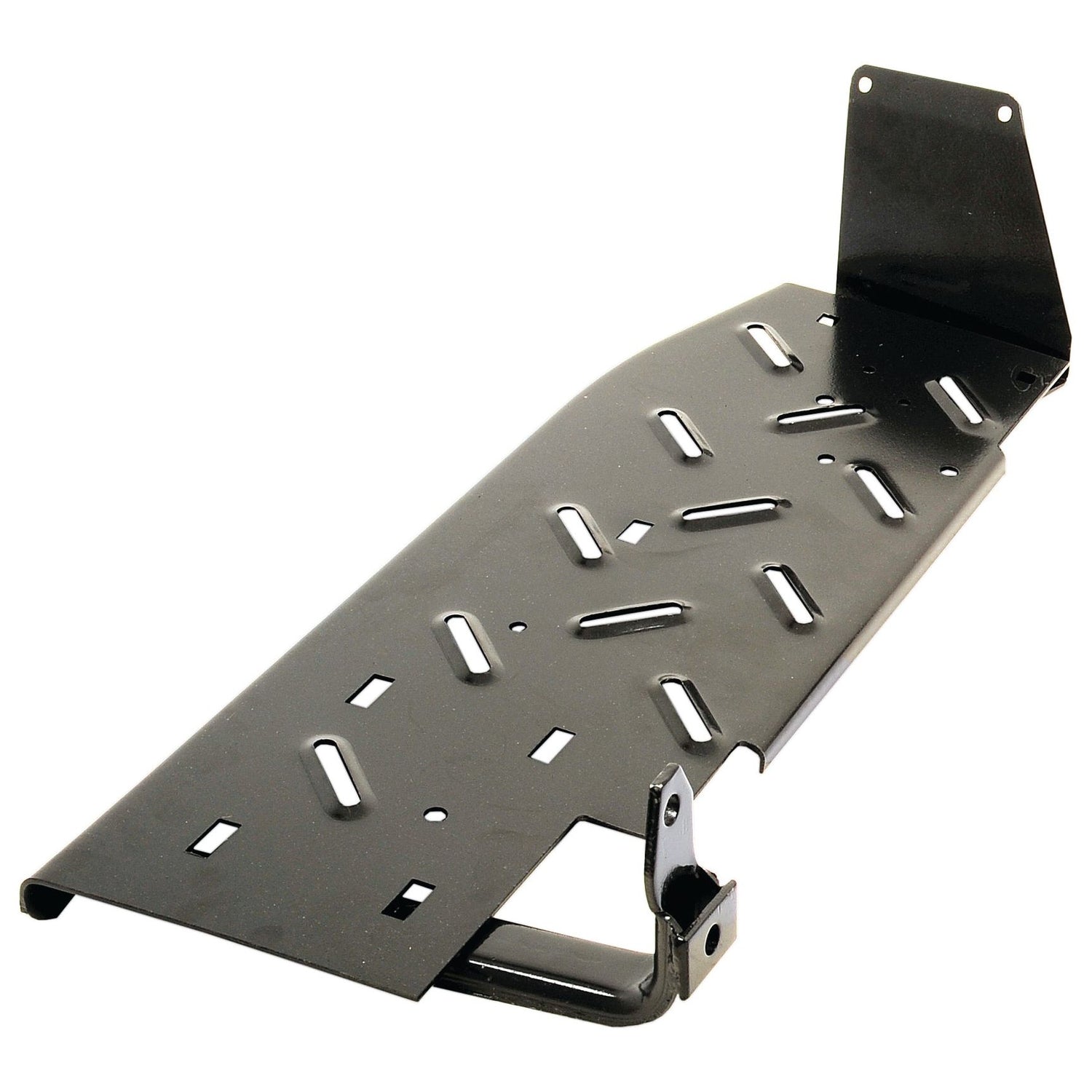 A black metal skid plate with multiple rectangular cutouts, mounting brackets, and a footplate, suitable for Massey Ferguson tractors, is available under the name Footplate - LH | Sparex Part No. S.42671 by Sparex.