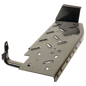 The Sparex Footplate - RH | Sparex Part No.S.42613 is a black metal skid plate featuring multiple slots and attachment points, crafted for undercarriage protection and compatible with Massey Ferguson models.