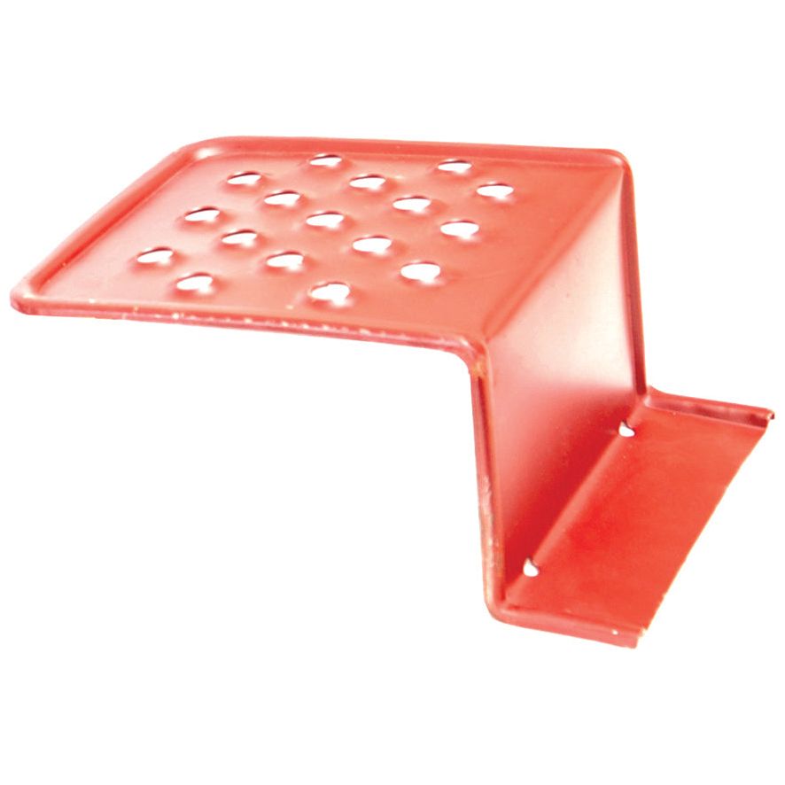 A red metal bracket with a perforated top and an L-shaped design, ideal for use in the Sparex Footplate Set - RH & LH | Sparex Part No. S.66860.