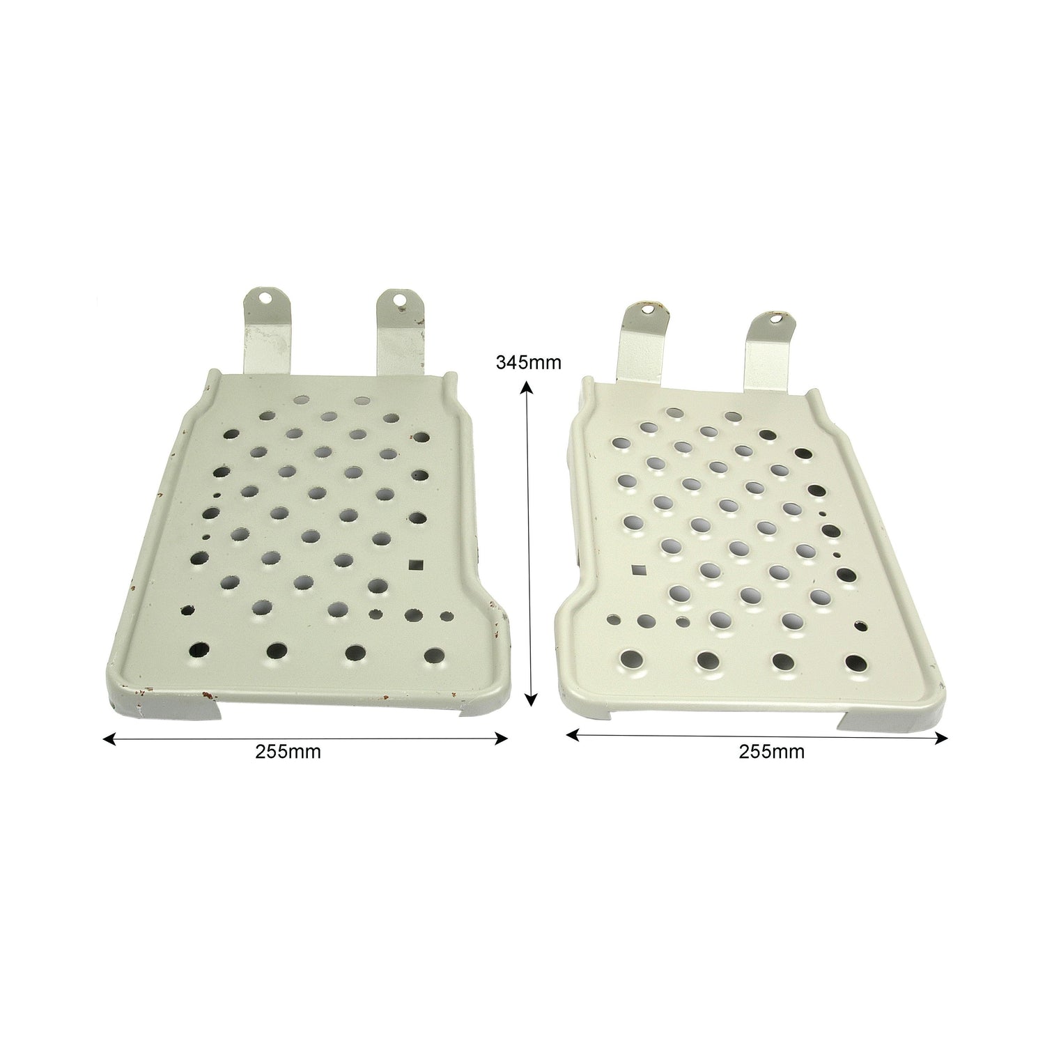 Two beige metal plates with holes, side by side, showing dimensions of 255mm in width and 345mm in length. This Footplate Set - RH & LH (Sparex Part No.S.66749) from Sparex is compatible with Ford / New Holland models.