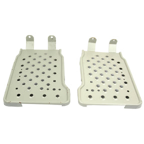 Two rectangular metal plates with multiple circular holes and brackets at one end, shown against a plain white background. This Sparex Footplate Set - RH & LH (Sparex Part No.S.66749) is compatible with Ford / New Holland tractors, ensuring durability and precision.