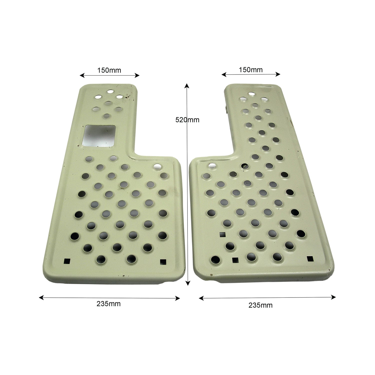 Two perforated rectangular metal plates with dimensions marked, positioned side by side. This Sparex Footplate Set (Sparex Part No. S.66859) features each plate measuring 235mm in width and 520mm in height, with an upper section 150mm wide, tailored for Ford / New Holland RH & LH fittings.
