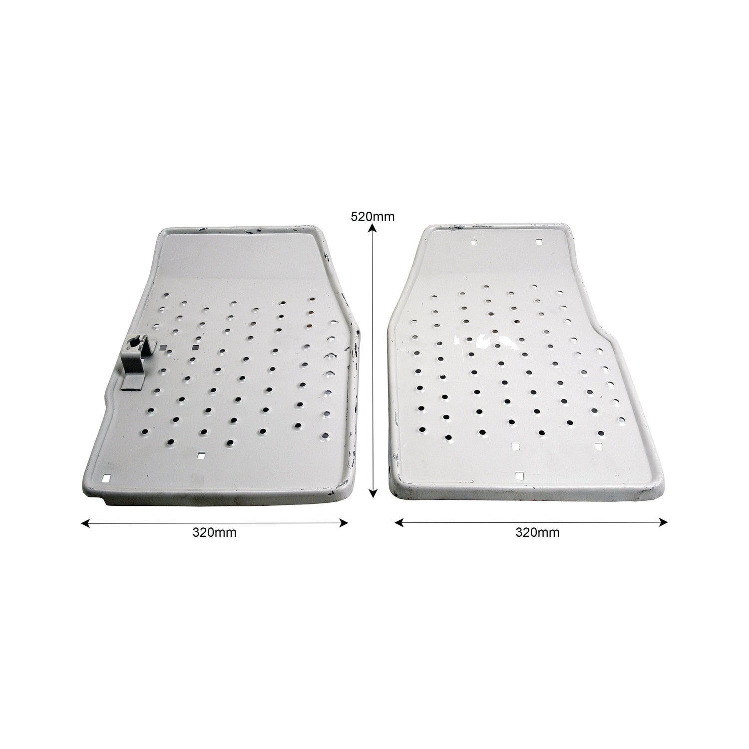 The Footplate Set - RH & LH (Sparex Part No. S.67131) includes two rectangular perforated metal plates, each measuring 320mm wide and 520mm long. The left plate features an attachment point on one side, making it perfect for Ford New Holland models. Sourced from Sparex, ensuring quality and compatibility.