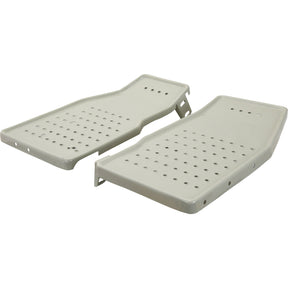 Two beige, perforated metal shelf brackets designed for supporting shelving units. Similar in durability to Ford/New Holland parts, the Sparex Footplate Set - RH & LH (Sparex Part No.S.67136) features evenly spaced holes for ventilation.