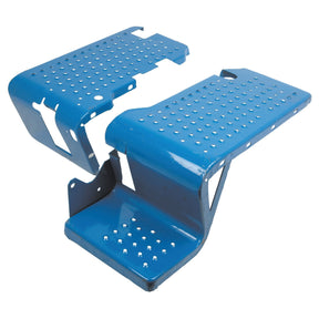 A pair of blue perforated metal footrests, each featuring a contoured shape and multiple holes for grip, reminiscent of the Sparex Footplate Set - RH & LH (Part No. S.67495) suitable for Ford New Holland or Sparex tractors.