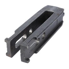 A black metal machine part with a rectangular shape, hollow center, and multiple holes on the sides is shown. This component, named the Massey Ferguson - Fork - 3616224M2 from AGCO, is designed to fit different Massey Ferguson tractor series models.