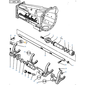 Diagram of a mechanical assembly showing various parts, including gears, rods, and brackets with numbered labels for identification, specifically featuring the AGCO Massey Ferguson Fork (3617587M2) from the 3000 Series.