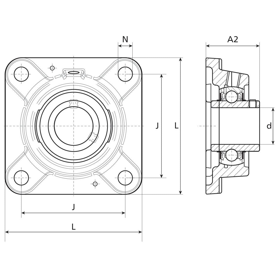 A technical drawing of a mechanical component, such as the Sparex Four-Bolt Flanged Unit (UCF208-24) | Sparex Part No.S.18546, showing front and side views with labeled dimensions for various parameters, including L, J, A2, N, and d. The bearing specifications are provided in imperial units for accuracy.