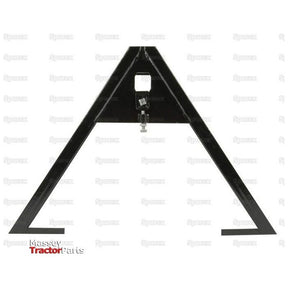 The Sparex A Frame Implement Attachment (Cat. 1/2/3) - S.127949 features a black metal triangle frame with a logo at the bottom left and is showcased against a slightly blurred white background, highlighting its heavy-duty construction.