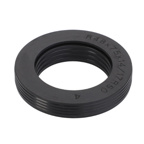 A black circular rubber gasket with grooves around the outer edge and an inner diameter slightly smaller than its outer diameter, ideal for use in Massey Ferguson 7400 Series tractor parts, is available as the AGCO product Massey Ferguson Front Axle Seal VA339592.