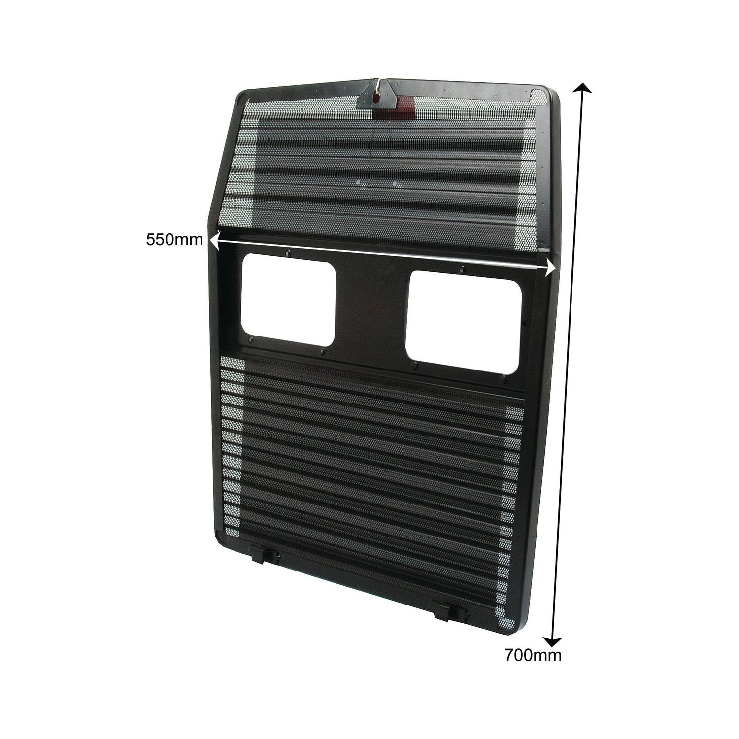 The Sparex Front Grille - S.43558 is a black, rectangular panel featuring two cutouts in the middle. It measures 550mm in height and 700mm in length.