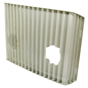 The Sparex Front Grille (Part No. S.66319) is a metal mesh vent cover with a rectangular shape, featuring two circular openings—one smaller and one larger—on its surface, making it ideal for Ford New Holland models.