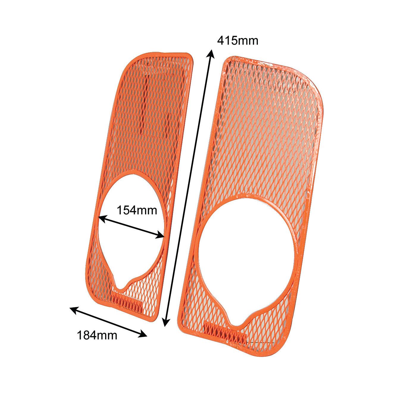 The Sparex Front Grille (Part No.S.66743) includes two orange mesh panels with circular cutouts, each measuring 184mm by 415mm, featuring a cutout diameter of 154mm. This grille set is compatible with Ford New Holland models.
