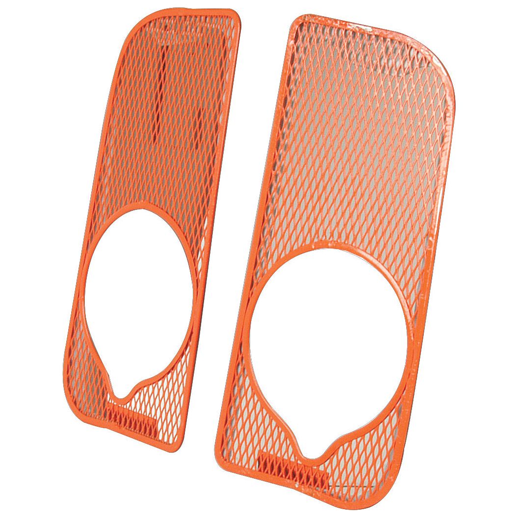 Two orange metal mesh panels with large circular cutouts in the center, ideal as a grille set for Ford New Holland tractors. Crafted with quality materials by Sparex, available as Front Grille | Sparex Part No.S.66743.