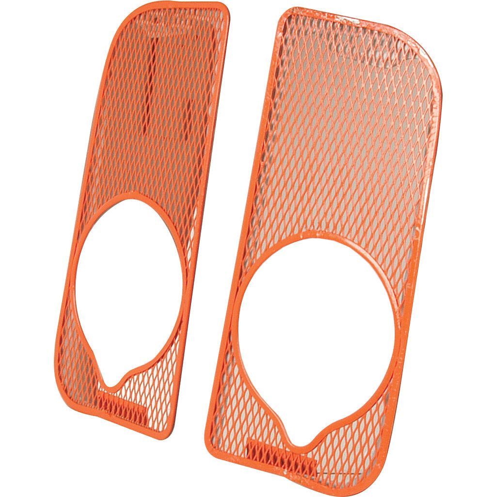 Two orange metal grilles from the Sparex Front Grille | Sparex Part No. S.66743, each featuring a circular cutout in the center, arranged side by side against a white background.