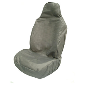 The Front Large Seat Cover - Car & Van - Universal Fit - S.71862 by Sparex is displayed in grey, waterproof material, fitted over a front seat against a white background, showcasing its upholstery protection.