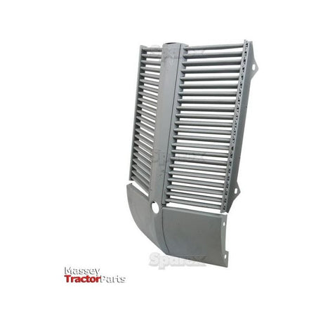 An upright metal tractor grille with vertical slats prominently displays the "Massey Tractor Parts" and "Sparex" logos on the lower left and center, respectively. The design of the Front Panel | Sparex Part No.S.43640 highlights its compatibility with Massey Ferguson models.
