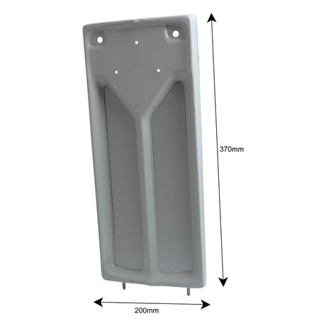 The Front Panel | Sparex Part No. S.43660 by Sparex is a rectangular white metal component with perforated sections, featuring a vertical length of 370mm and a horizontal width of 200mm, making it ideal for use in Landini or Massey Ferguson machinery.