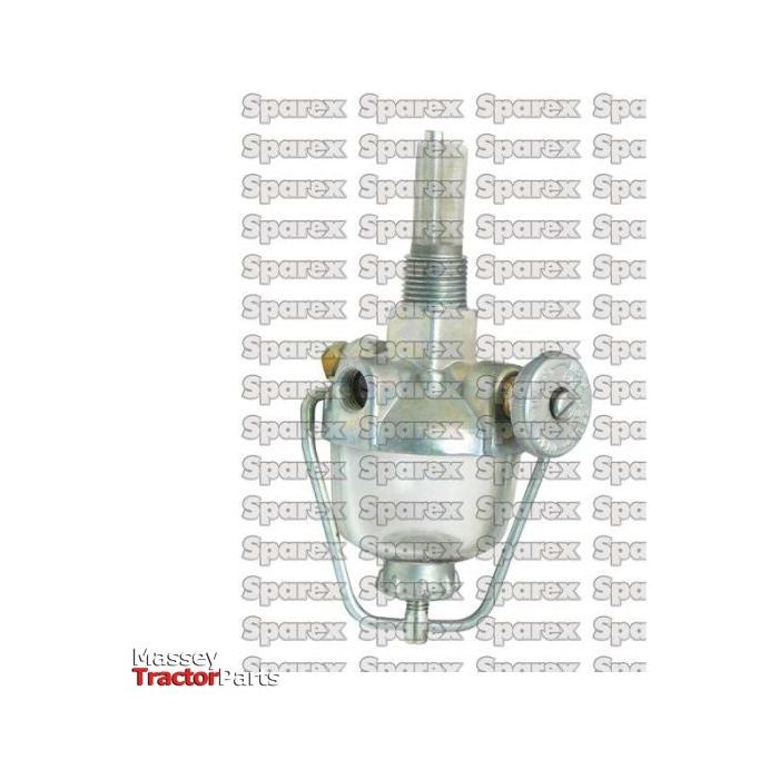 The Fuel Bowl Assembly (Sparex Part No.S.61577) by Sparex, featuring an attached pressure gauge, is displayed against a backdrop with repeated "Sparex" text and is ideal for Ford / New Holland tractors.