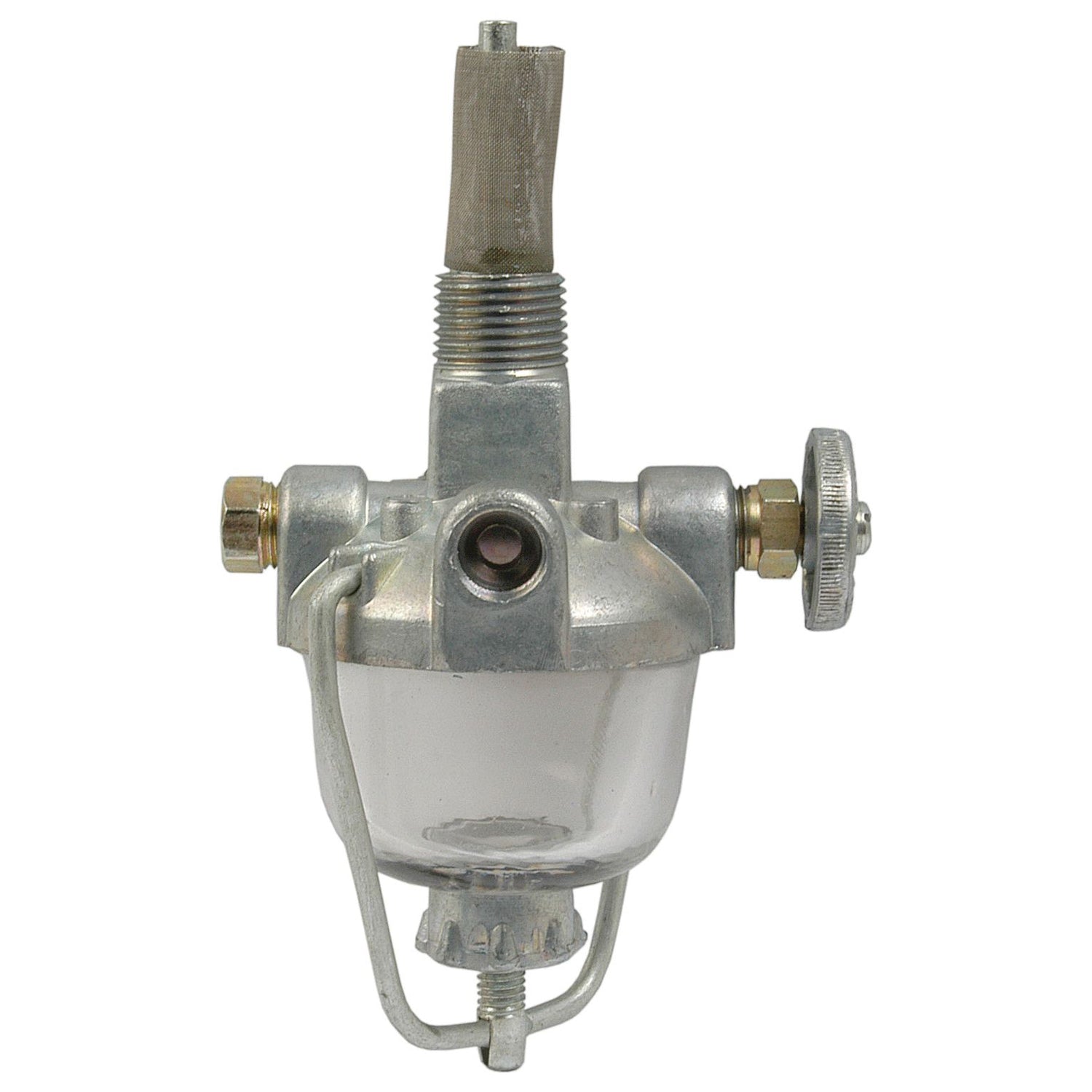 The Fuel Bowl Assembly, Sparex Part No. S.61577, by Sparex features a metal construction with a transparent lower reservoir, a threaded upper connector, and an adjustable knob on the side. It is compatible with Ford / New Holland tractors, providing reliable filtration and easy replacement using Sparex parts.