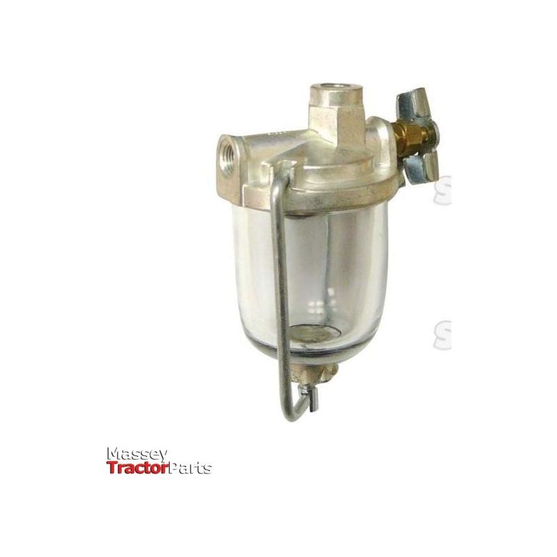 The Fuel Bowl Assembly (Sparex Part No. S.69220) from Sparex, featuring a clear glass bowl, metal top and bottom fittings, and a 1/8'' NPT female inlet, showcased on a white background for optimal visibility. This premium fuel filter assembly is designed for reliability.
