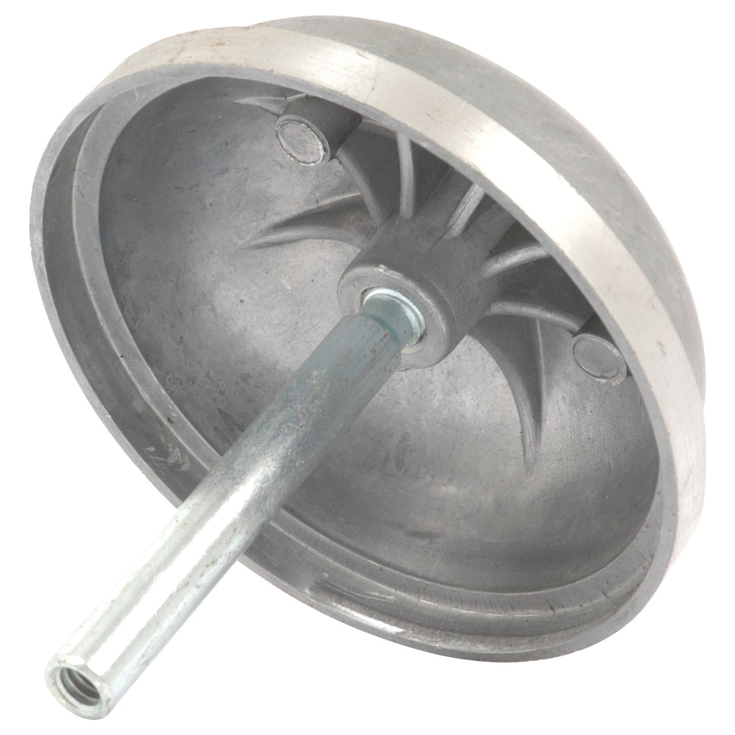 The Sparex Fuel Bowl Filter Cover (Part No. S.59083) is a robust metal component with an extended axle at its center, designed for mechanical or industrial applications, akin to the machinery parts found on classic models like the Allis Chalmers 170. The slightly elevated angle of depiction accentuates its intricate details and functionality.