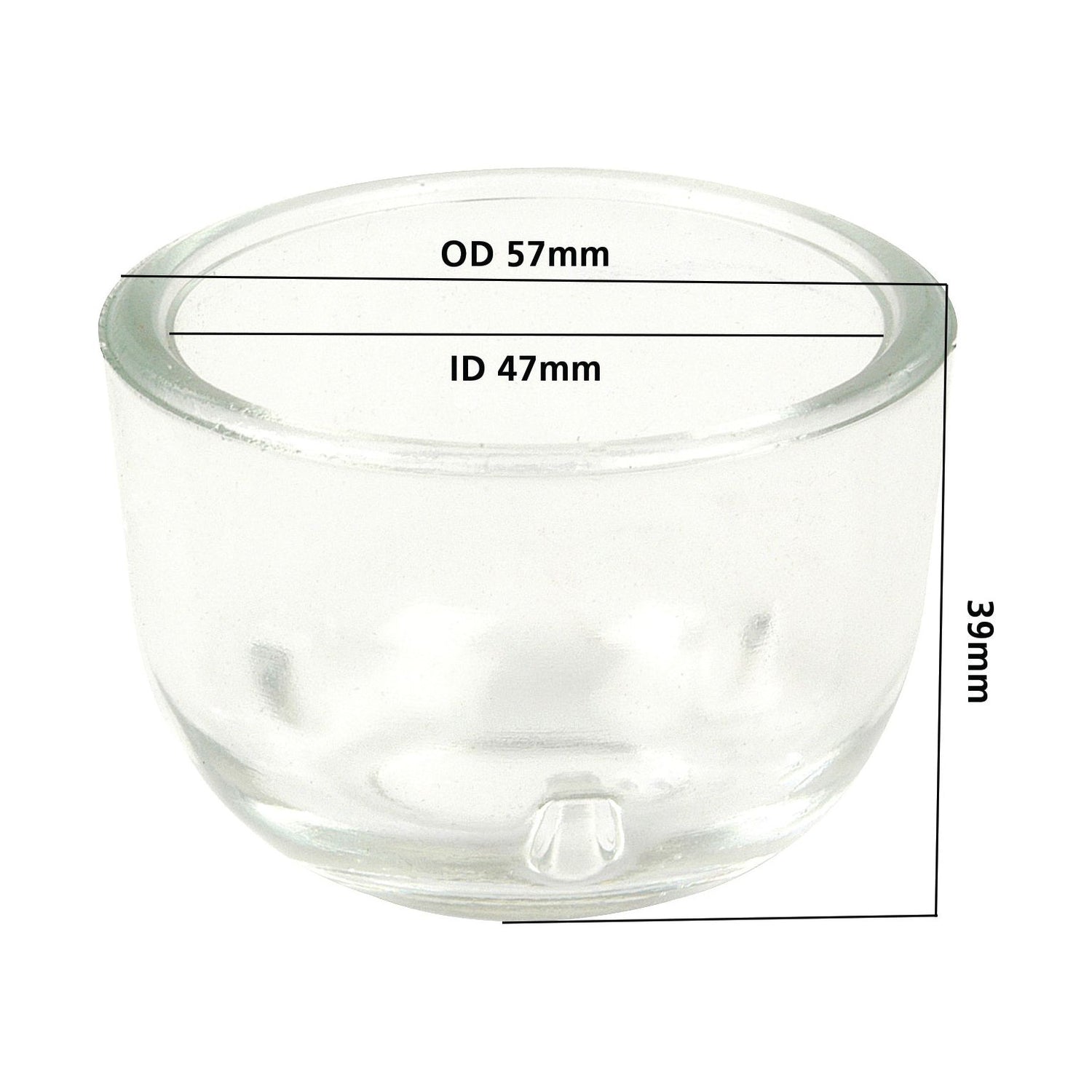 A clear glass Fuel Bowl (Sparex Part No. S.67637) from the Sparex brand, featuring an outer diameter of 57mm, an inner diameter of 47mm, and a height of 39mm, compatible with David Brown and Ford / New Holland models.