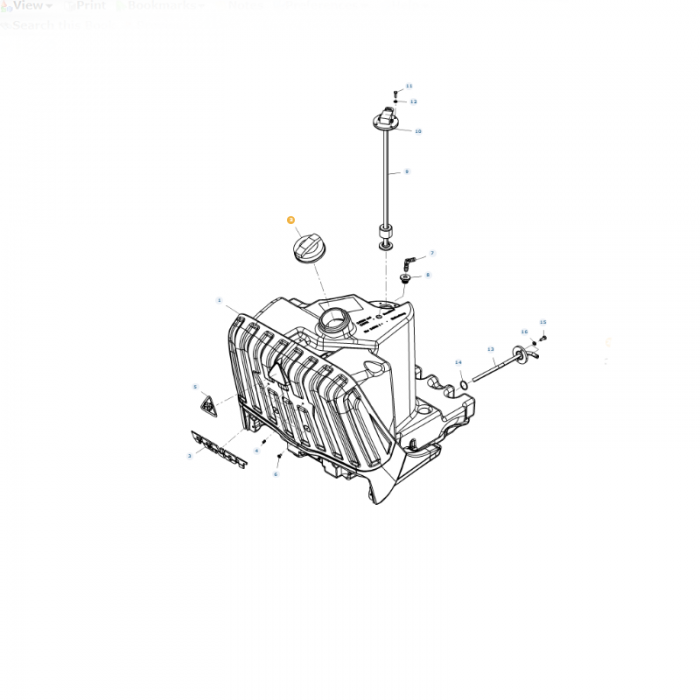 Exploded diagram of a fuel tank assembly for the FAVORIT series showcasing various components such as the fuel tank, AGCO Fendt Fuel Cap (F022200210140), and related parts, all labeled with numeric indicators for reference.