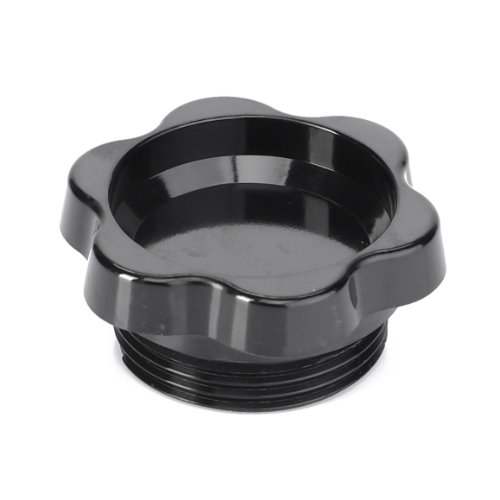 This black plastic knob, featuring a wavy edge and a cylindrical threaded base, is specifically designed as the AGCO Fendt Fuel Cap (F022200210140) for the FAVORIT series.
