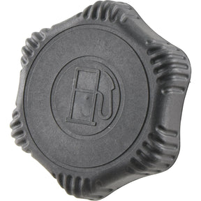 Black plastic fuel cap with a raised fuel pump icon in the center, textured edges for grip, and compatible with Case IH machinery. This is the Sparex Fuel Cap (Part No. S.144888).