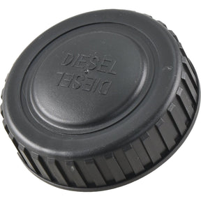 Introducing the Sparex Fuel Cap (Sparex Part No. S.144892), a black plastic cap featuring the word "DIESEL" engraved on it, designed specifically for diesel engines. This fuel cap is compatible with brands such as International Harvester and New Holland, and it includes a ridged edge to provide an enhanced grip.