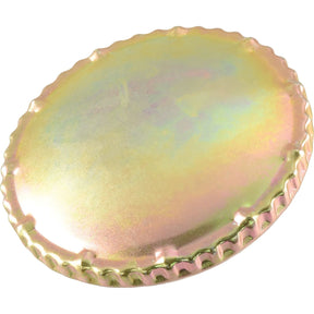 A close-up of the Sparex Fuel Cap - S.31432, featuring a golden crimped bottle cap with a slightly iridescent surface, reminiscent of high-quality metal bayonet craftsmanship.