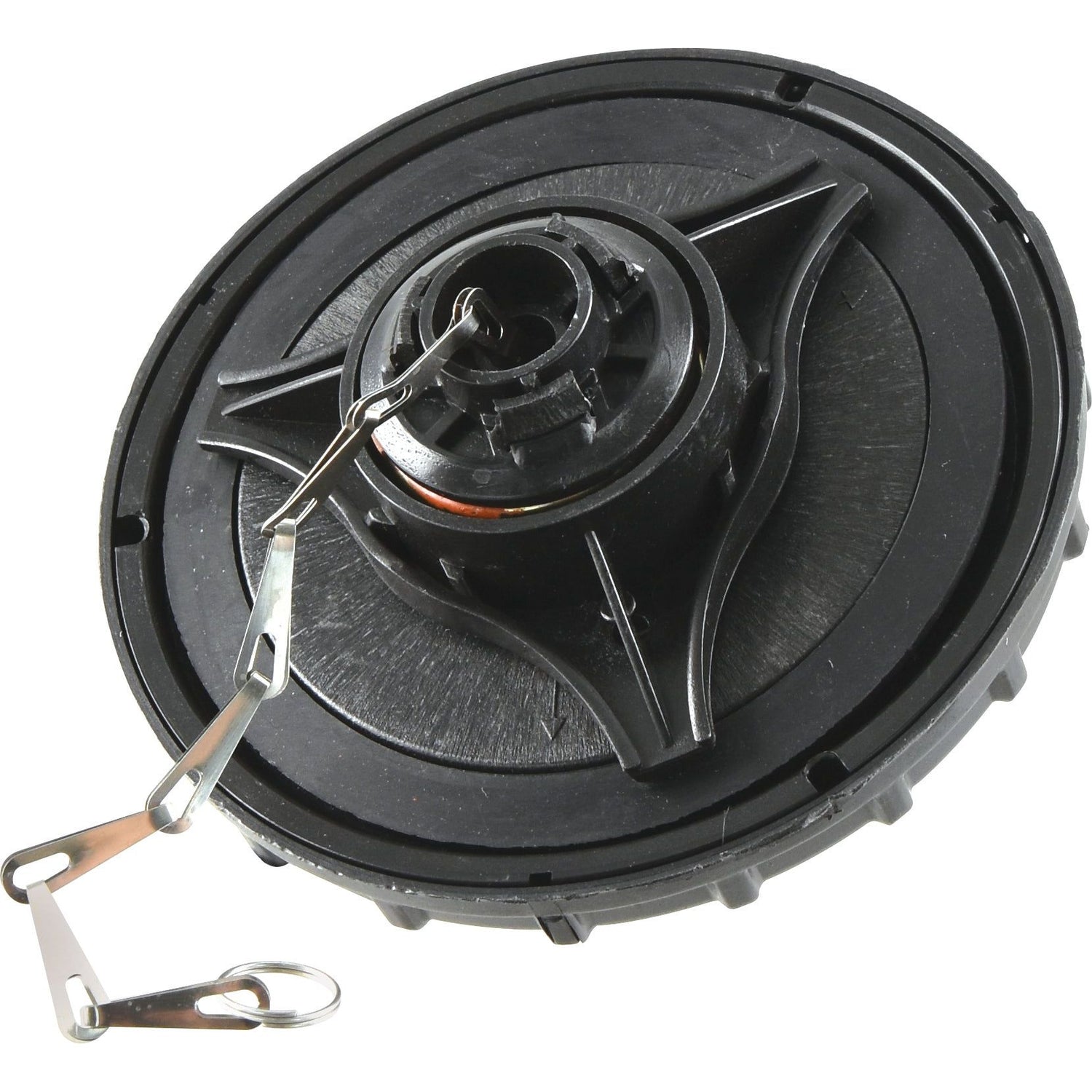 The Fuel Cap - S.43260 by Sparex is a black, round component with a metal key attached by a small chain and features a plastic bayonet internal structure, typically used for holding the trimmer line on grass trimmers or weed whackers.