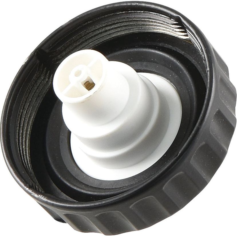 Close-up view of the Sparex Fuel Cap - S.62148, featuring a black, vented plastic screw-on design with an integrated white spout.