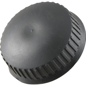 A round, black Fuel Cap - S.62149 by Sparex with a ribbed texture is viewed from an angled perspective against a plain white background.