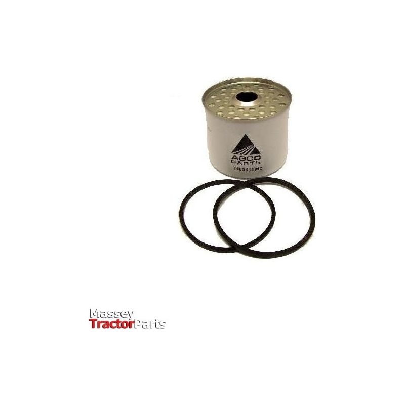 A cylindrical metal filter branded with AGCO and part number 3405418M2, specifically designed for Massey Ferguson Models, is placed next to two black rubber O-rings on a plain white background.