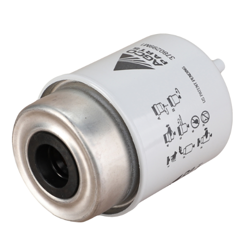 A white cylindrical automotive fuel filter with metallic ends, designed specifically for Massey Ferguson tractors, featuring 150 Micron filtration and instructions printed on the side. This product is the AGCO brand Massey Ferguson - Fuel Filter - 3780299M1.