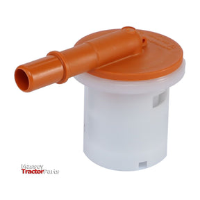 The product is the Massey Ferguson - Fuel Filter Cartridge - 4295750M1 by AGCO. It features a cylindrical white base with an orange top section that includes a tubular extension. The Massey Tractor Parts logo is visible in the bottom left corner. This fuel-filter-water-separator, compatible with Massey Ferguson models, ensures top performance with Genuine AGCO Fuel Filters.