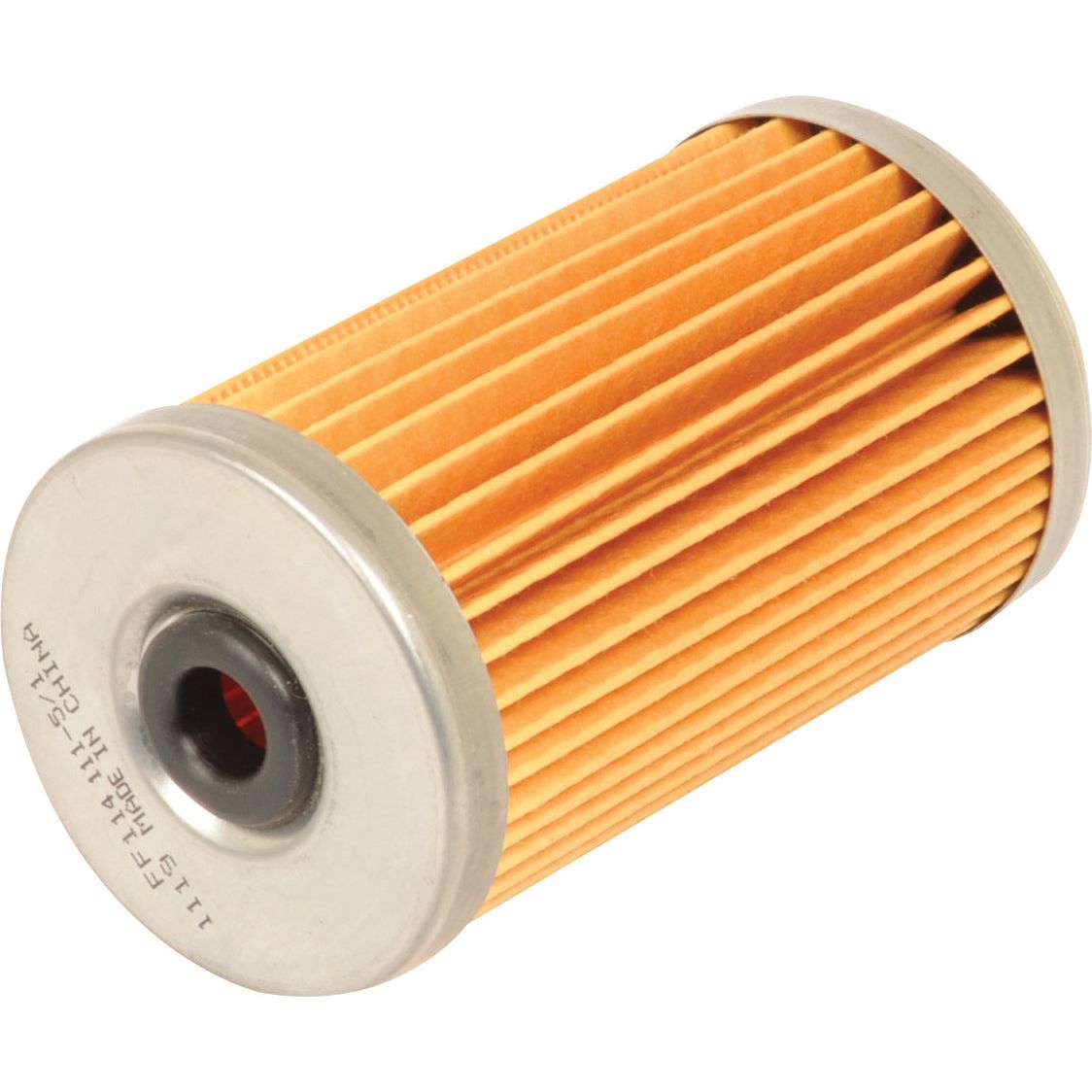 A Sparex cylindrical pleated paper fuel filter with metal end caps, marked with identification text, compatible with Fleetguard FF114. (Product Name: Fuel Filter - Element - FF114 | Sparex Part No. S.76622).